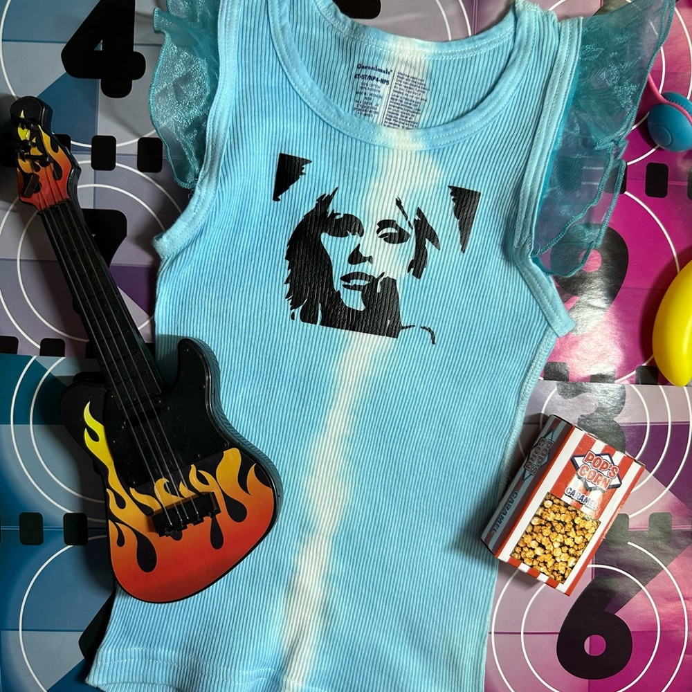 Kids Tie-Dye 80s Blondie Graphic Tank Top with tulle ruffle cap sleeves 4T-5T